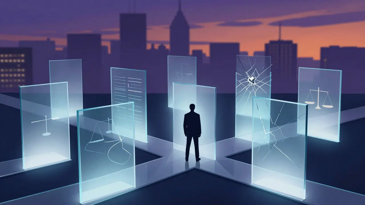 Abstract illustration of a person standing at a crossroads of glowing legal panels