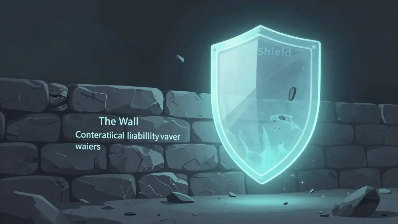 Abstract illustration of a stone wall and a glowing shield representing legal protection layers