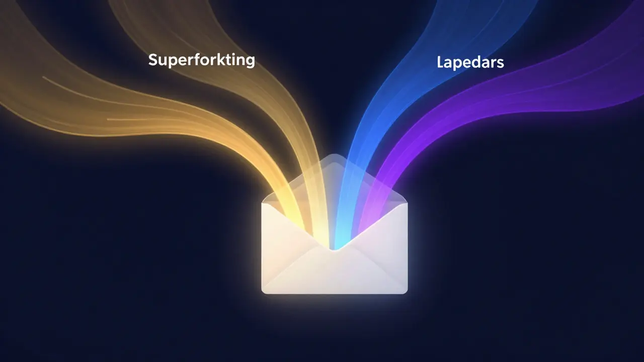 Abstract illustration of colored light streams merging into a glowing envelope