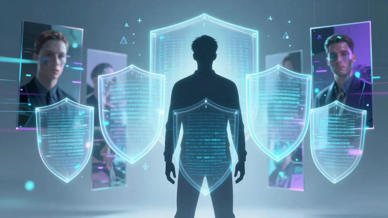 Abstract illustration of digital privacy shields protecting a figure from data threats