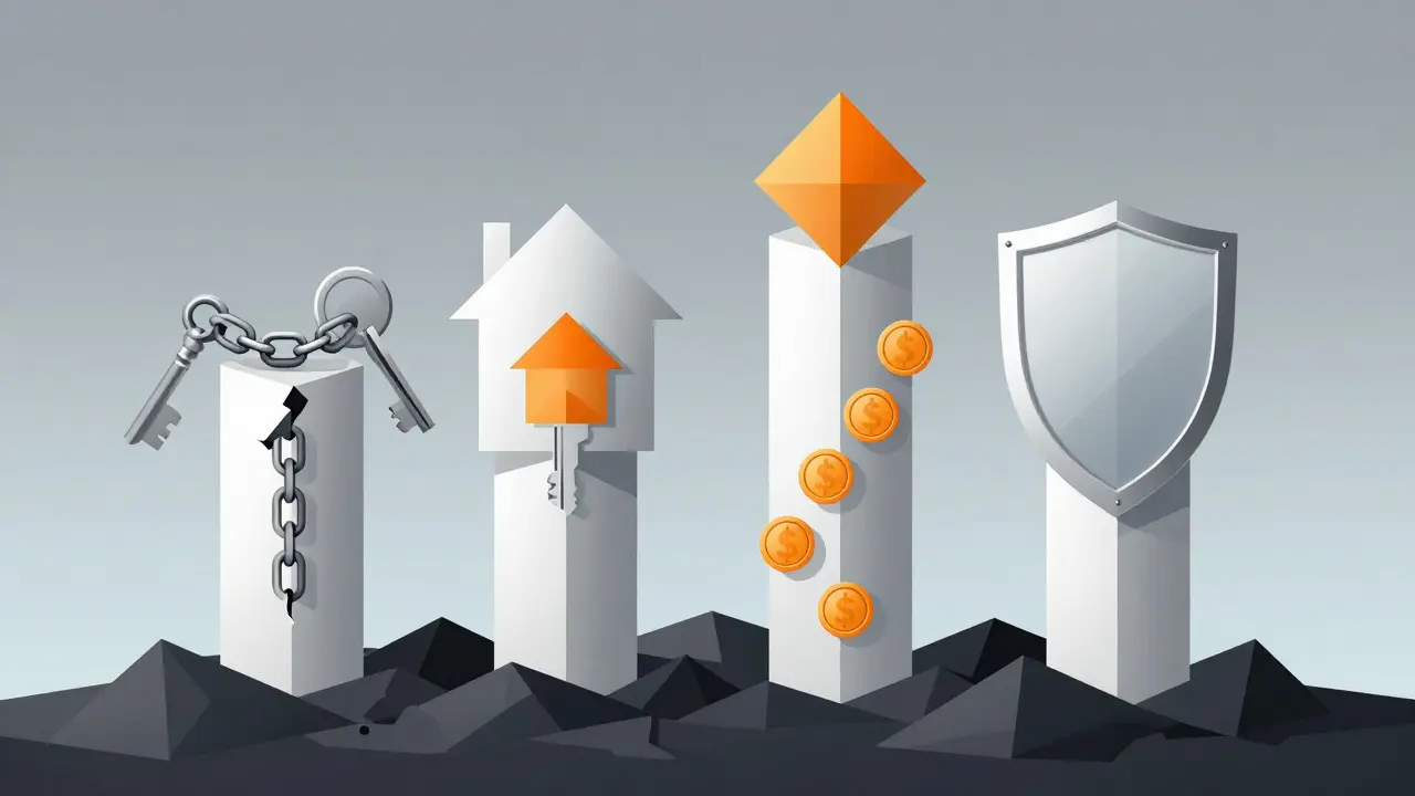 Abstract illustration of four structural pillars representing safety frameworks rising from chaos