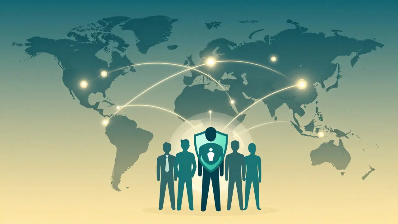 Abstract illustration of global network connections and protective symbols for worker safety