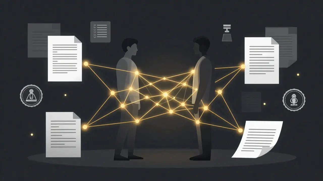 Abstract illustration of two figures connected by golden threads representing contracts