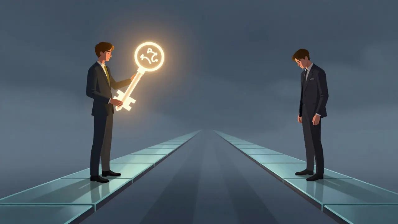 Abstract illustration of two figures on a glass bridge facing off