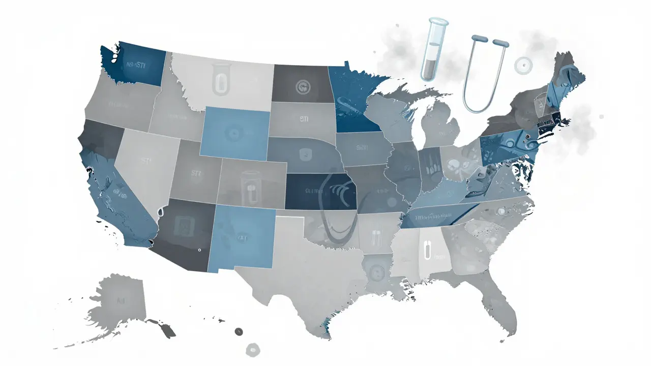 Abstract map of US states with medical icons representing health laws