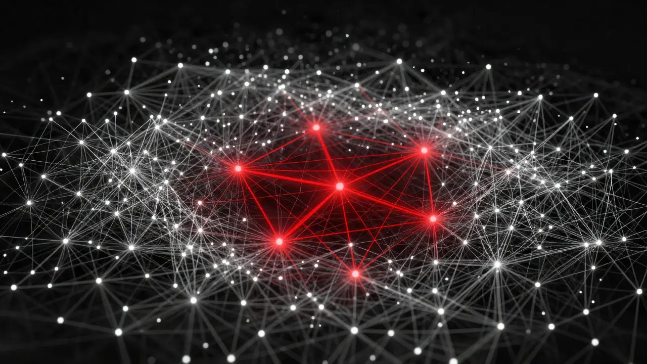 Abstract network diagram showing a cluster of highlighted red nodes among white points