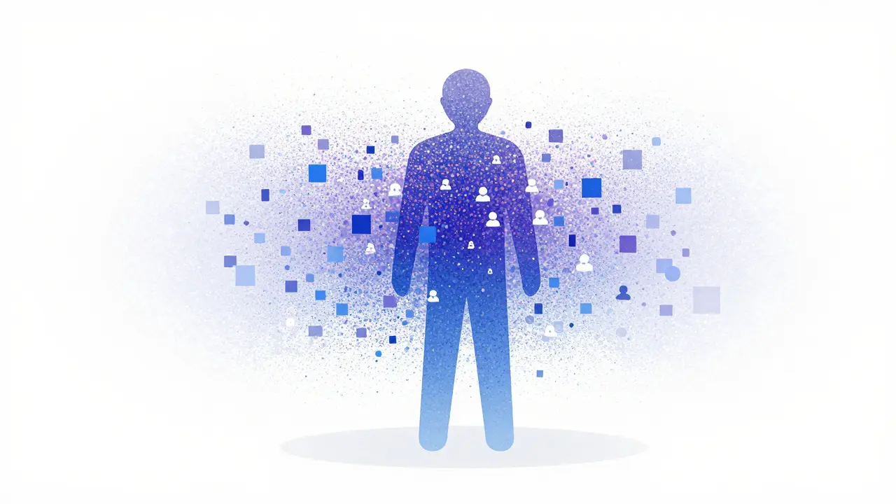 Abstract pixelated figure dissolving into a smooth gradient to represent anonymization