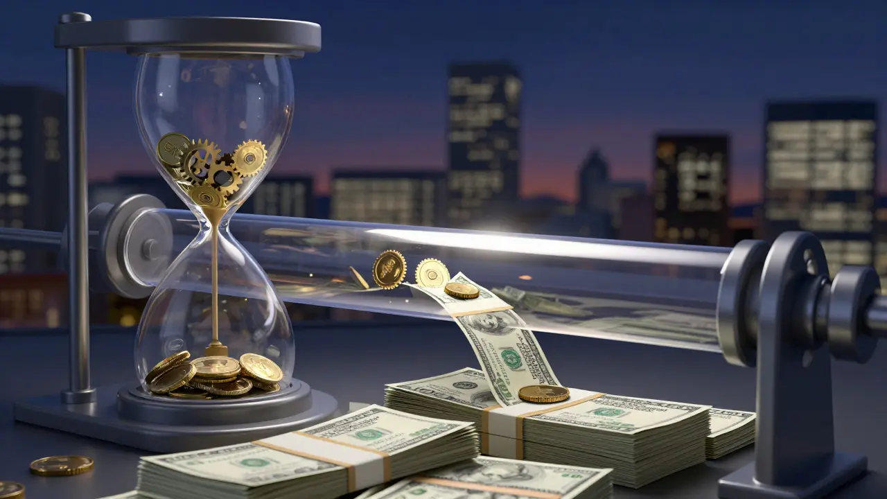 Abstract representation of delayed payments using an hourglass and cash