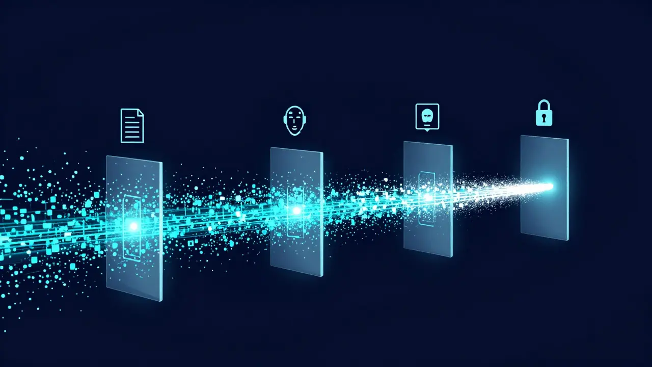 Abstract visualization of data flowing through secure digital verification gates