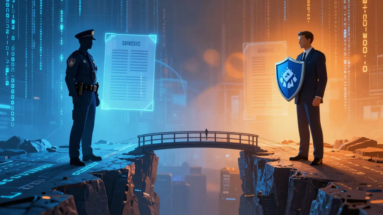 Artistic bridge of code connecting law enforcement and corporate compliance teams