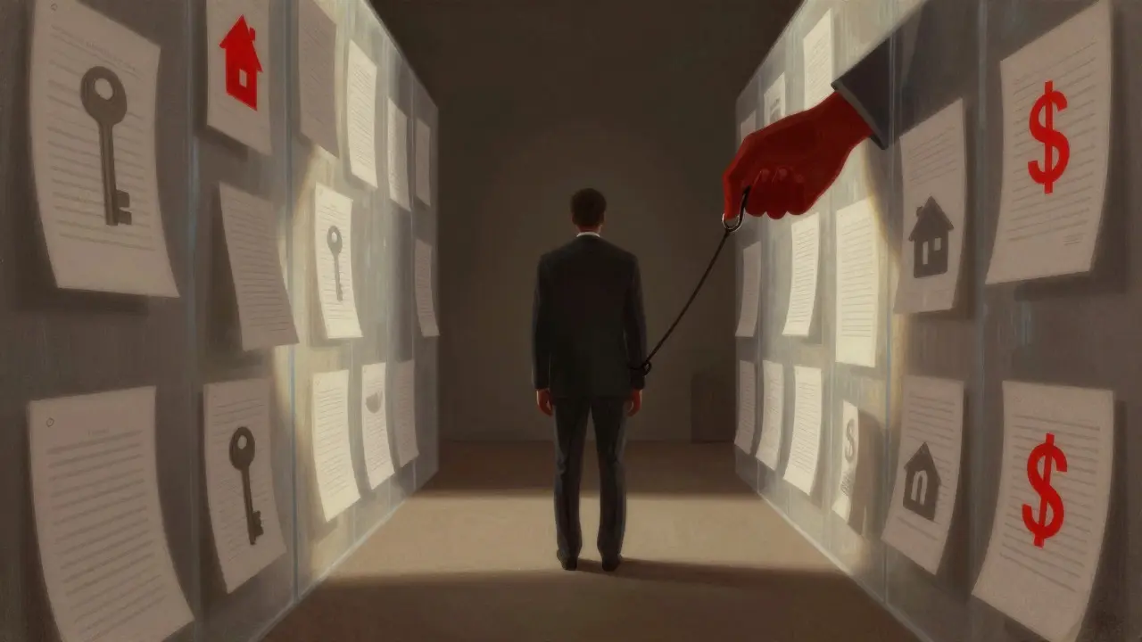 Artistic depiction of a person restricted by abstract walls of contracts and money