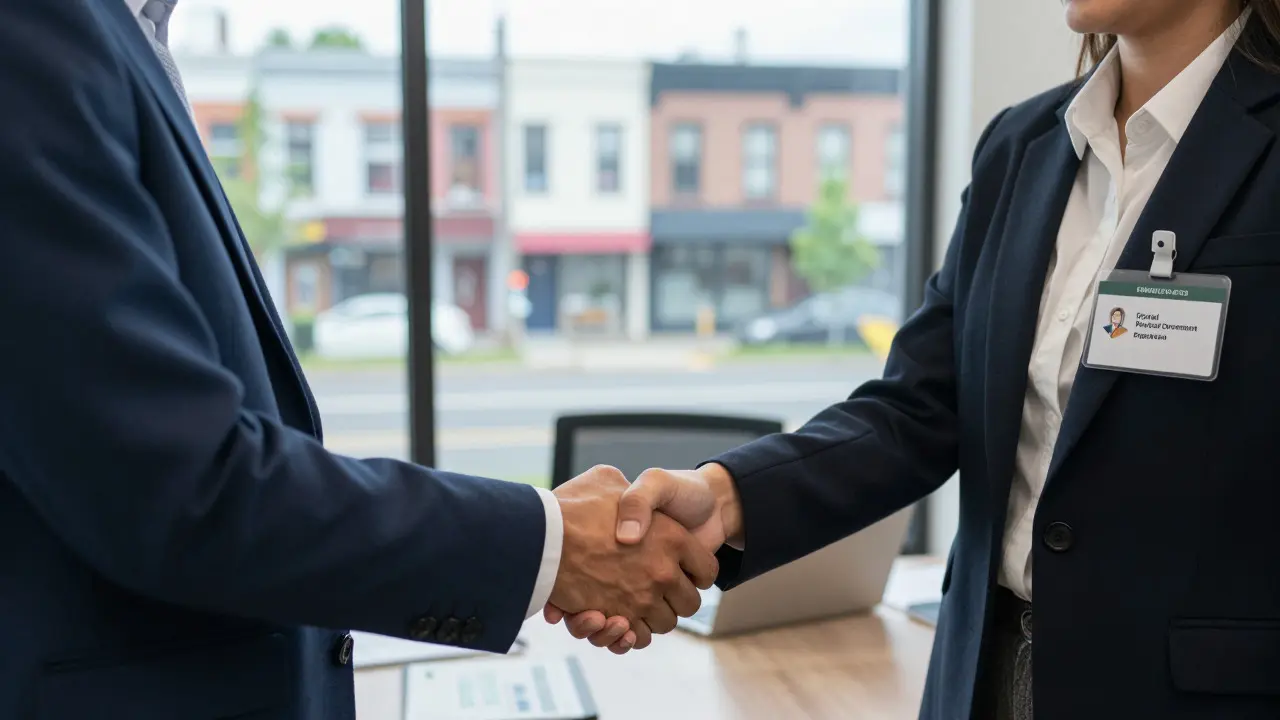 Business professionals shaking hands in an office with a neighborhood view