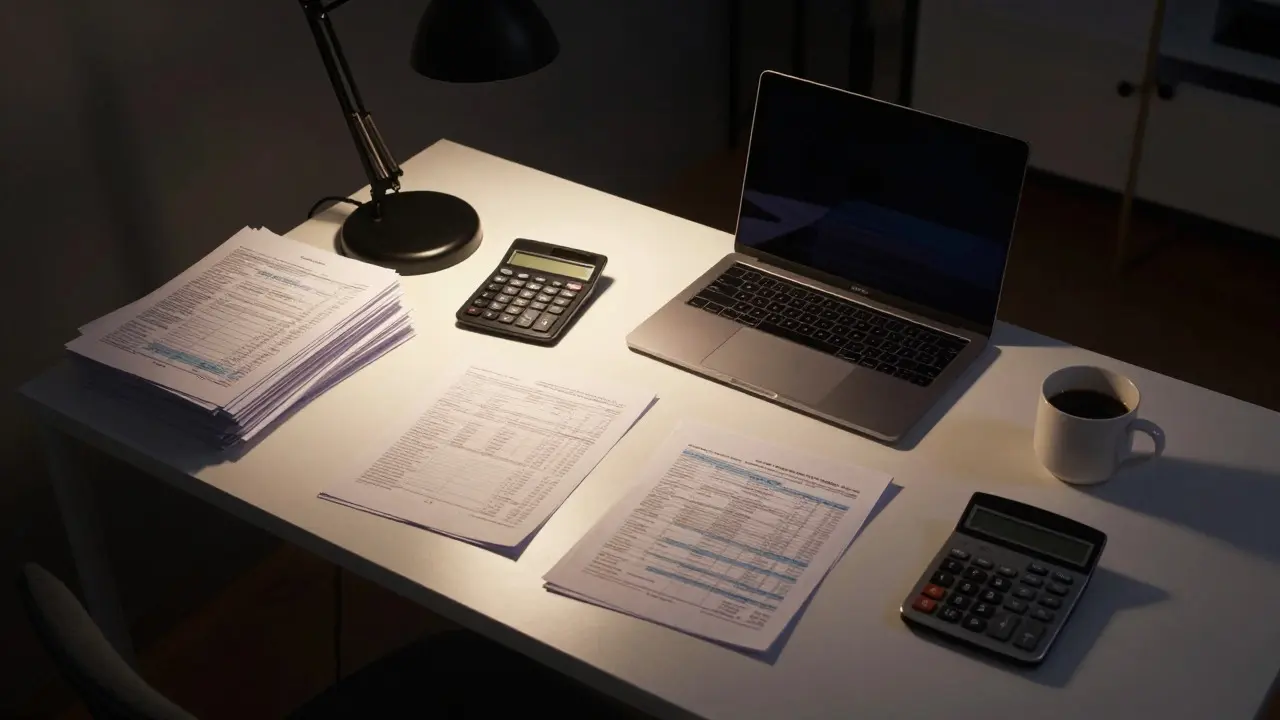 Close-up of a desk with financial documents and a calculator under warm lamplight