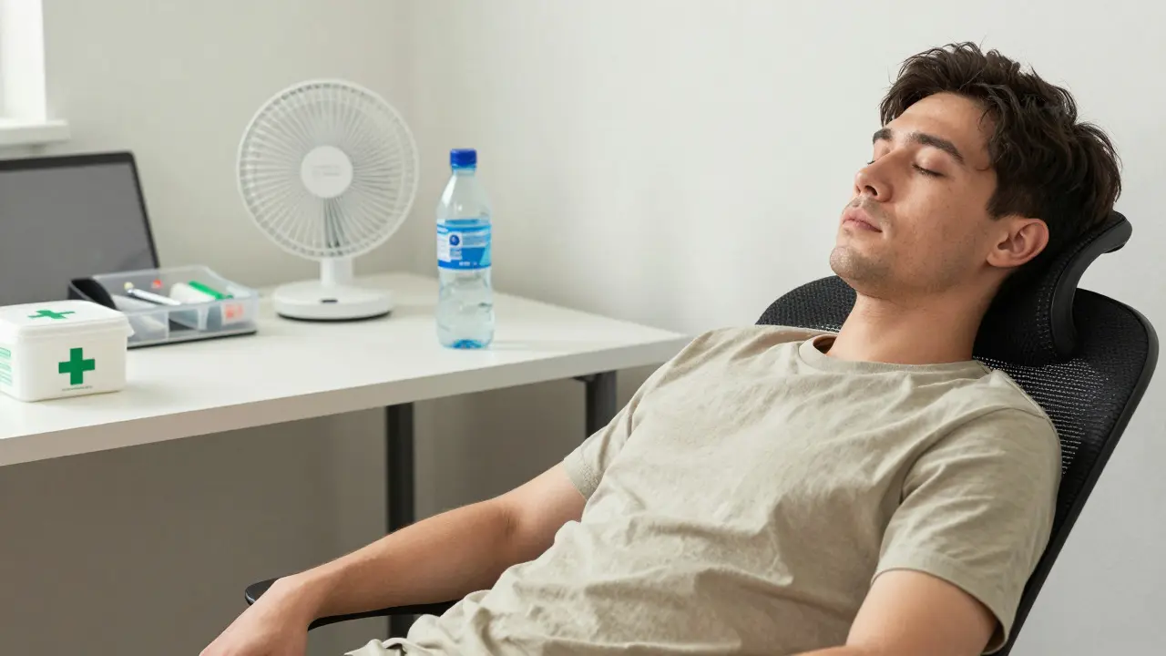 Close-up of an ergonomic rest area with hydration and safety supplies on a film set