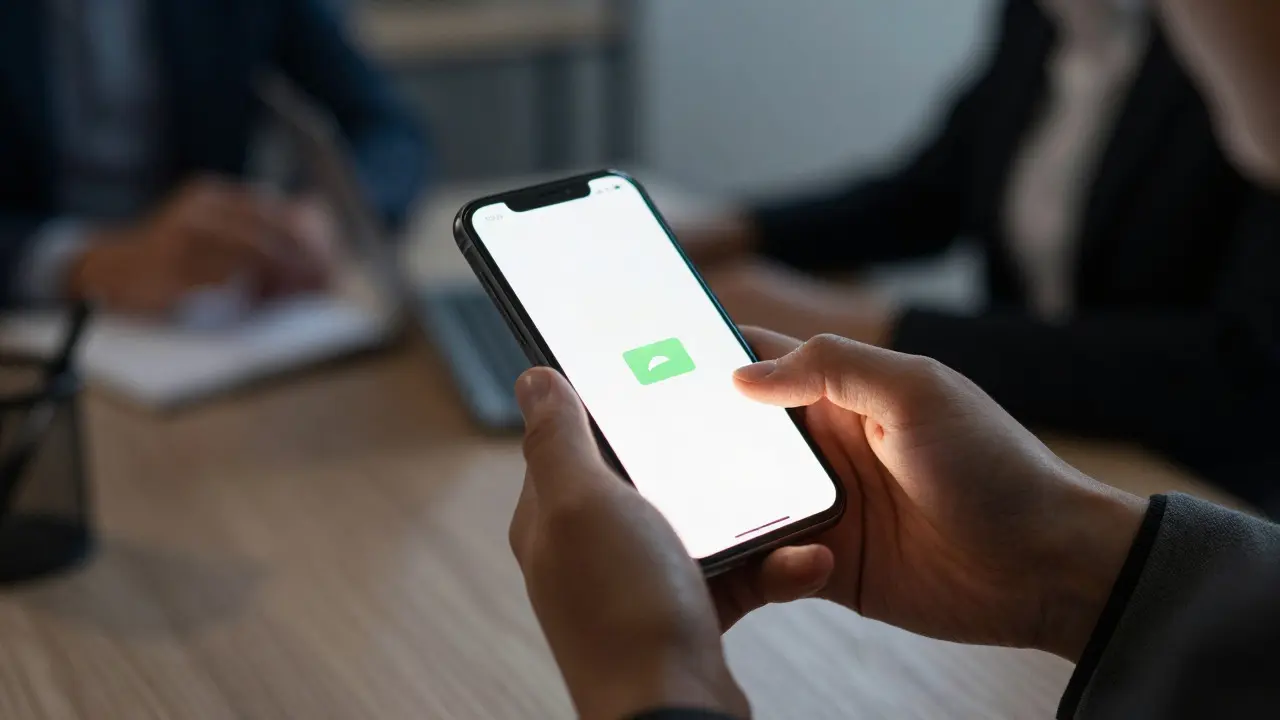 Close-up of hands holding a smartphone displaying a notification icon in a professional office setting
