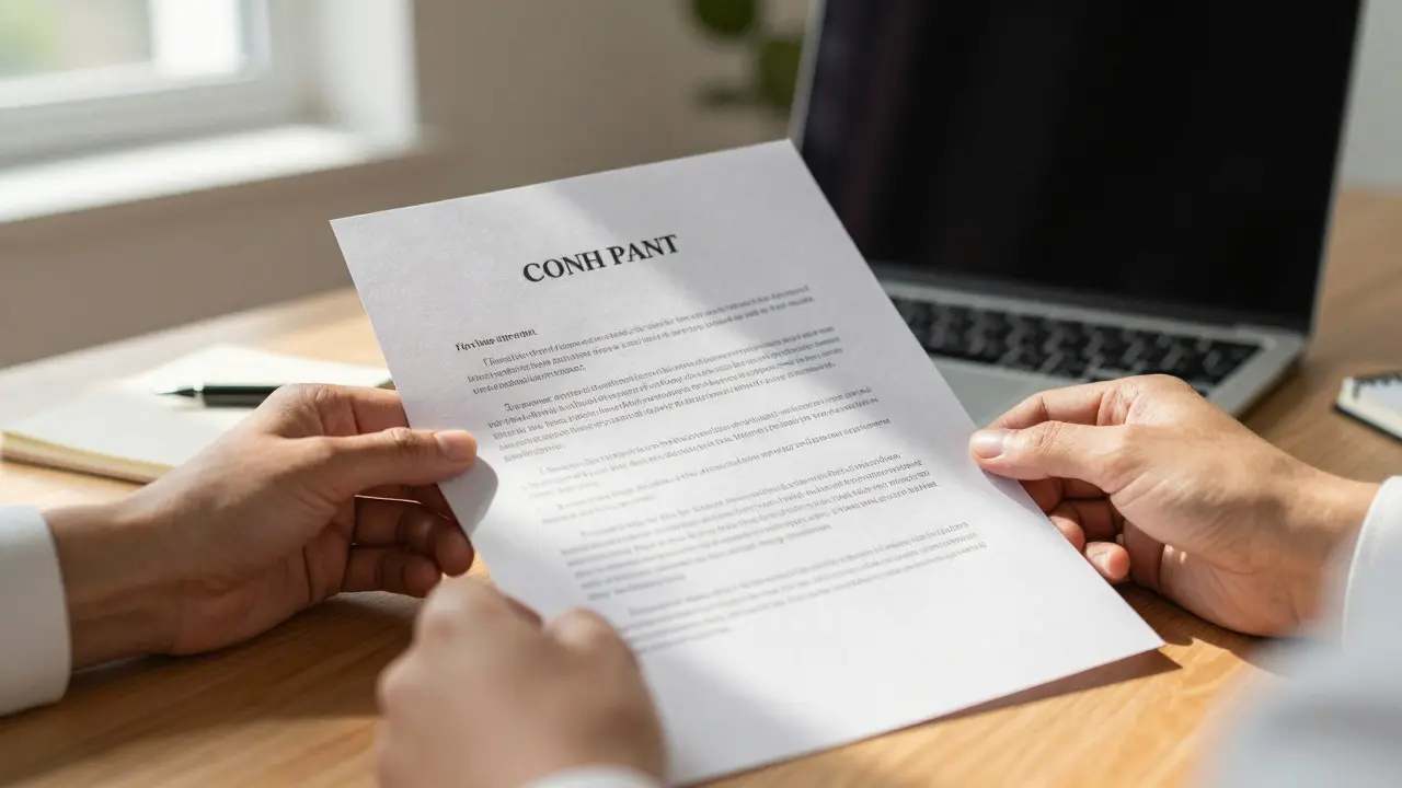Close-up of hands reviewing a legal contract on a wooden desk with a pen