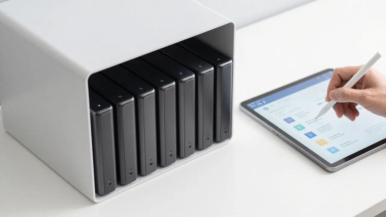 Close-up of organized file storage and a tablet showing folder structure