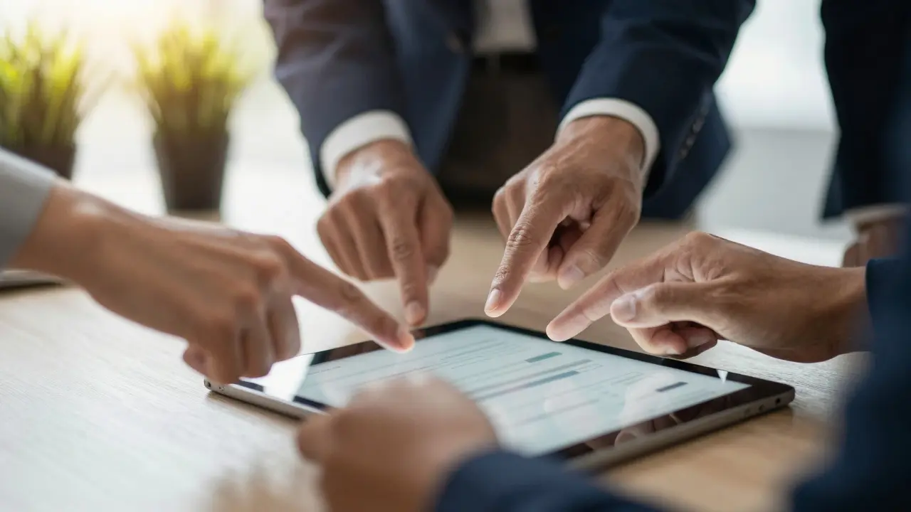 Close-up of two professionals reviewing data on a tablet to monitor labor compliance