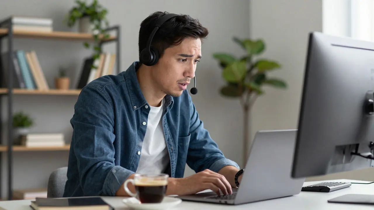 Community manager wearing a headset speaking empathetically into a microphone in a home office