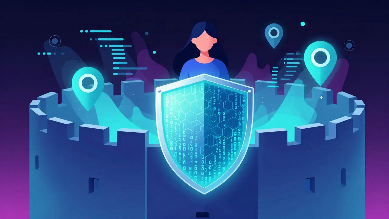 Conceptual art of a woman protected by a glowing digital shield against abstract data threats.