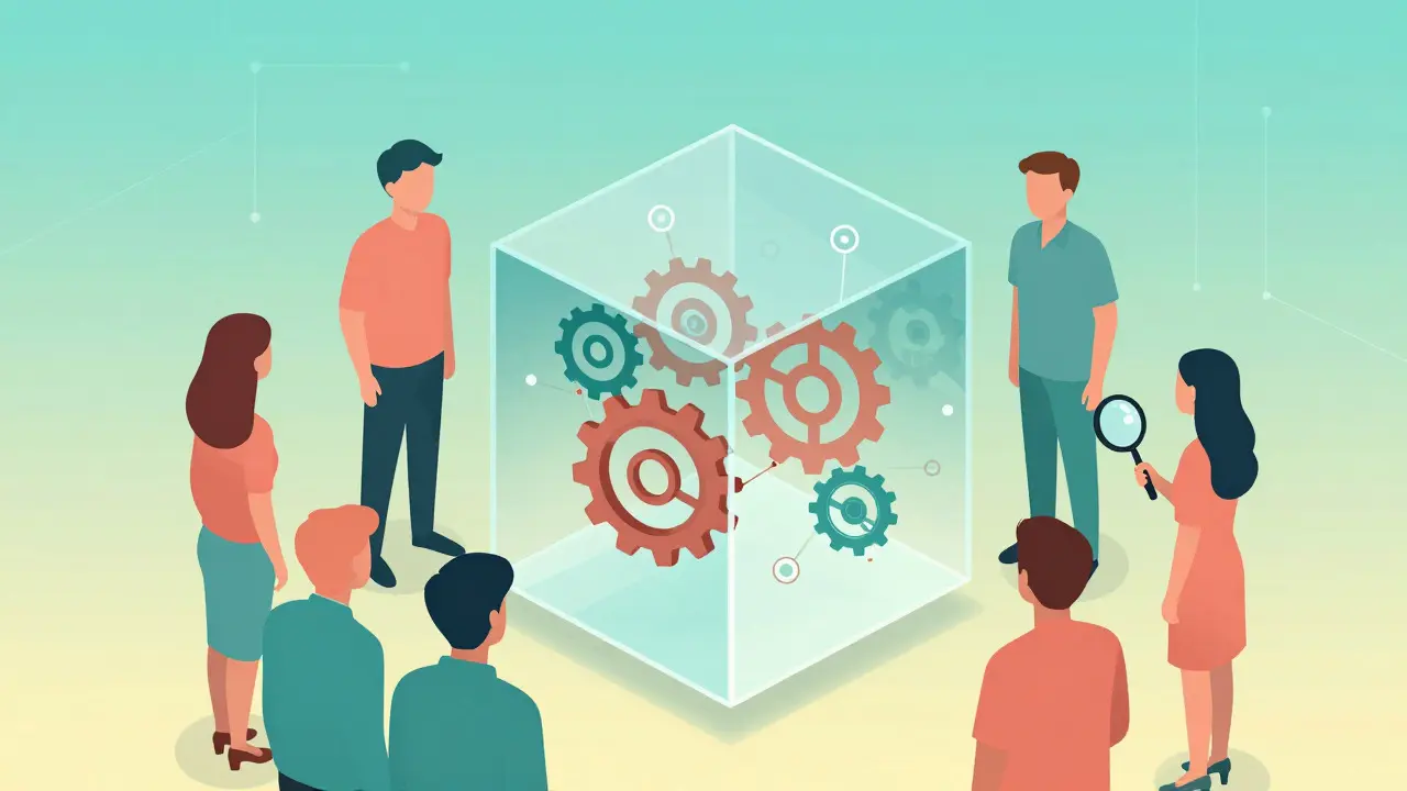 Conceptual illustration of a transparent cube containing gears and people observing its mechanisms