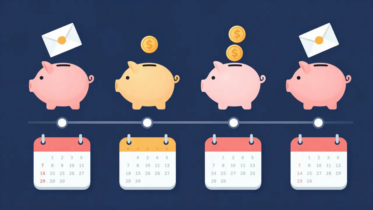 Conceptual illustration of quarterly payments filling a calendar-shaped piggy bank