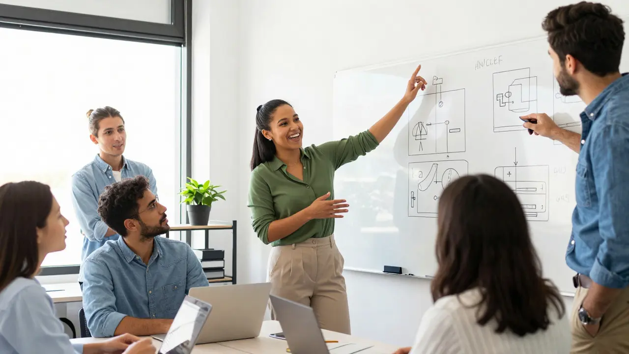 Confident professional presenting a strategy to a team in a bright office