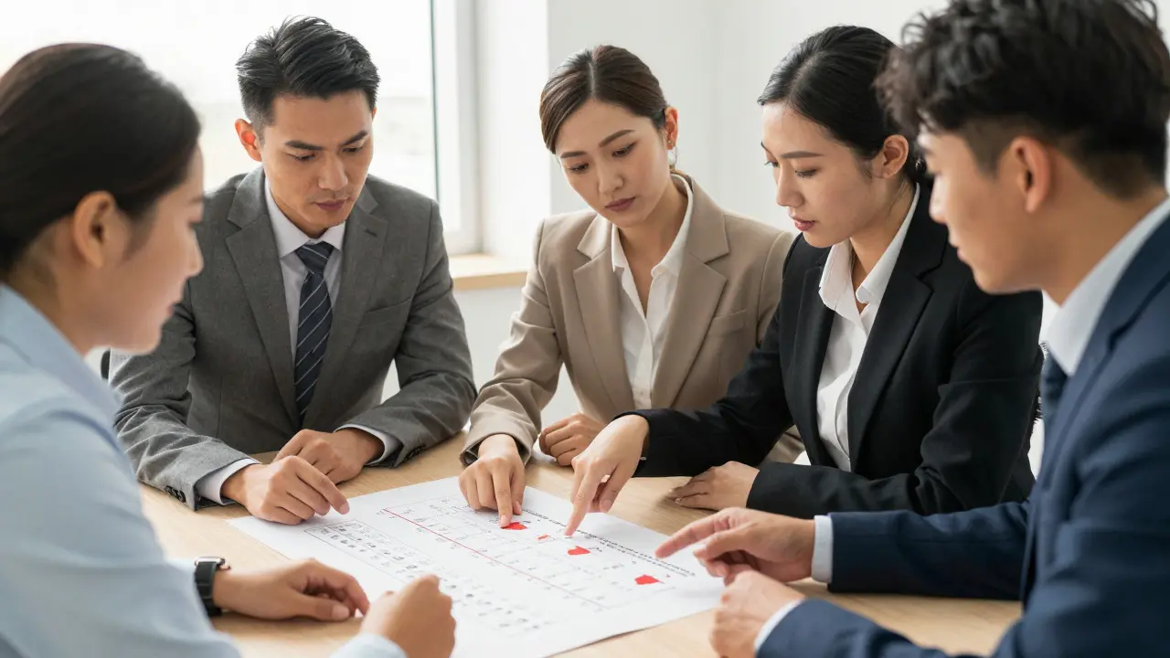 Corporate team reviewing case files and timelines to identify trafficking red flags