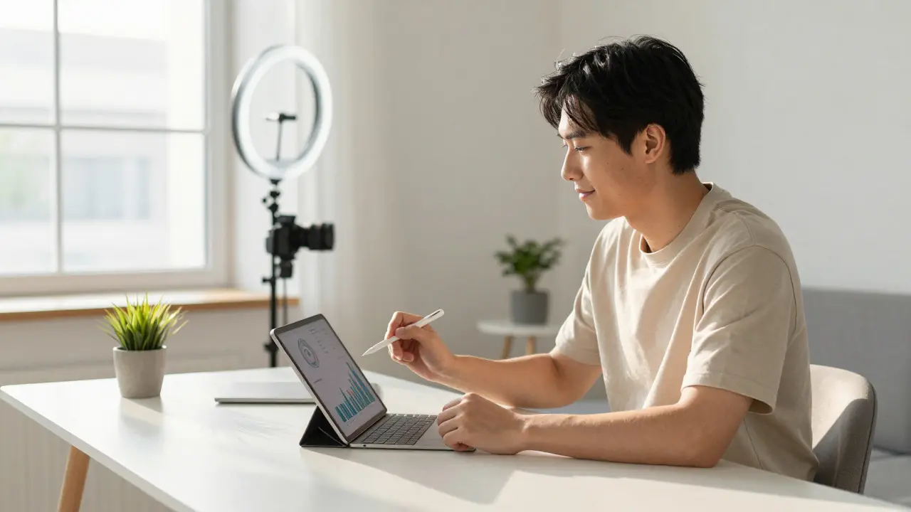 Creator analyzing marketing metrics on a tablet in a home studio