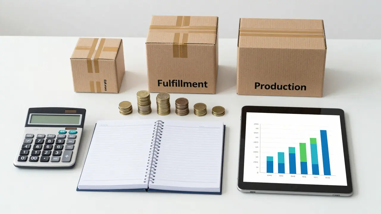 Desk with calculator, ledger, and shipping boxes