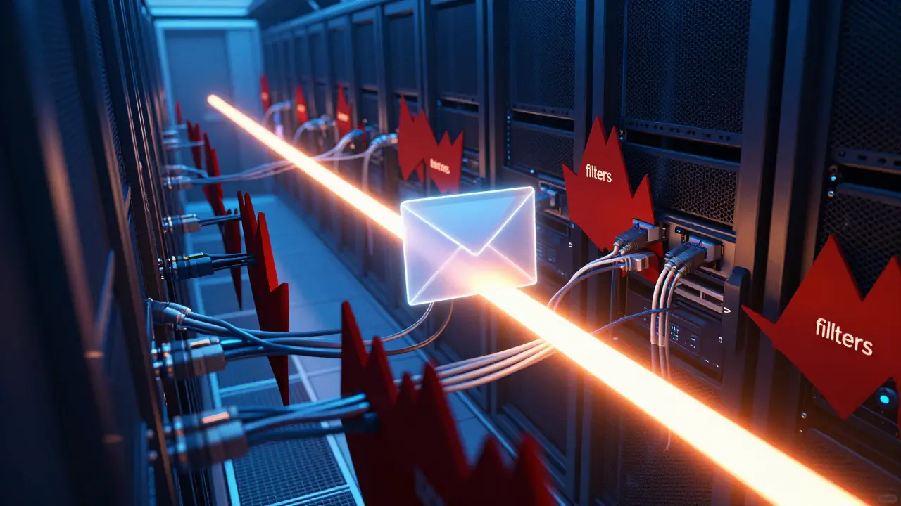 Digital art of a glowing envelope navigating through server infrastructure