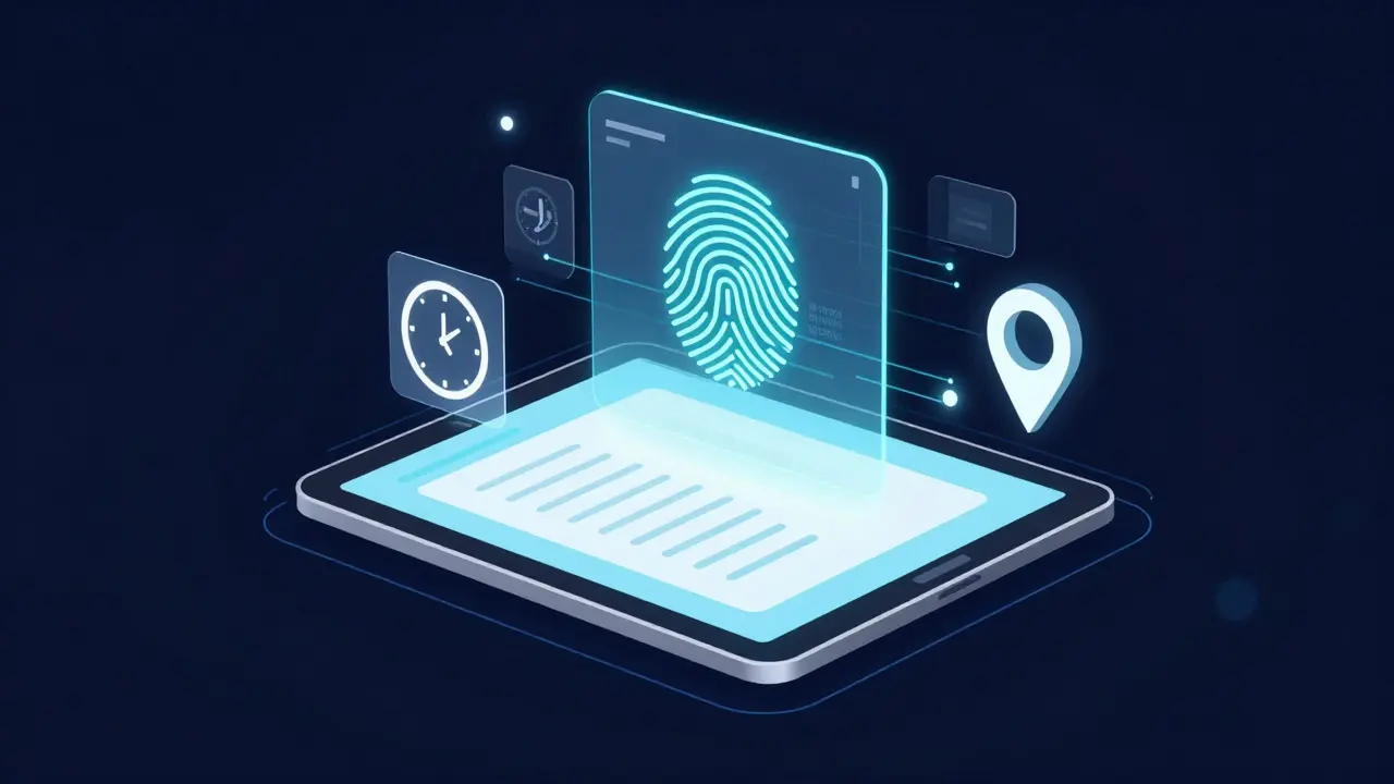 Digital illustration of a tablet with floating data icons for e-signatures