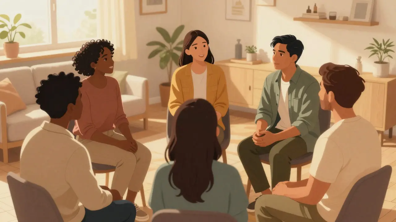 Diverse group of adults sharing stories in a supportive peer support circle