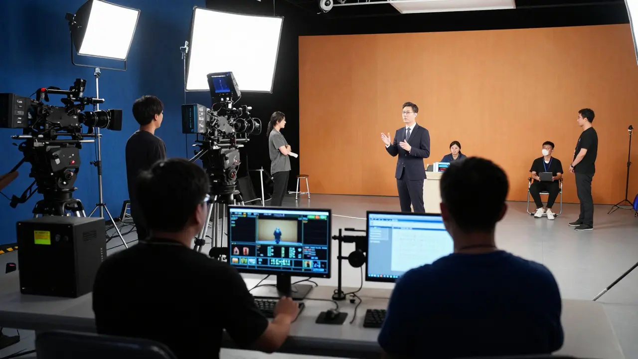 Film studio set with director and camera equipment