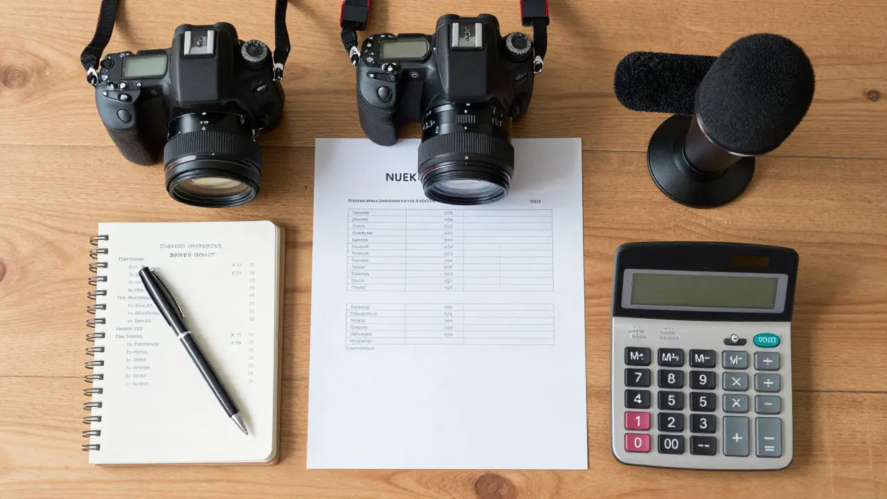 Flat lay of camera gear, receipts, and accounting tools on a wooden desk
