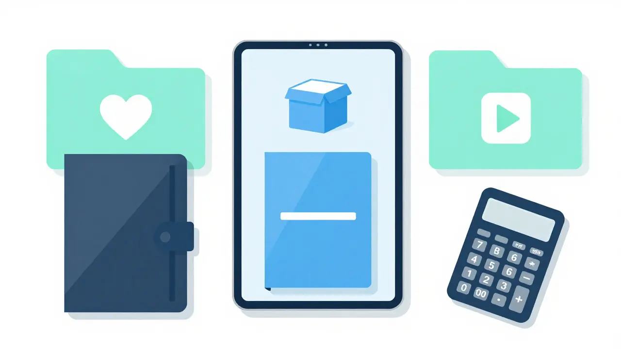 Flat-lay of organized folders and devices representing structured income tracking