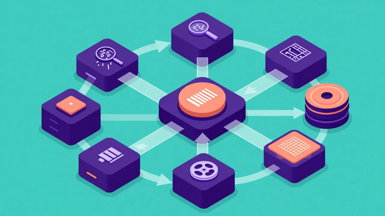 Flat vector illustration of modular software blocks connected by data flow arrows