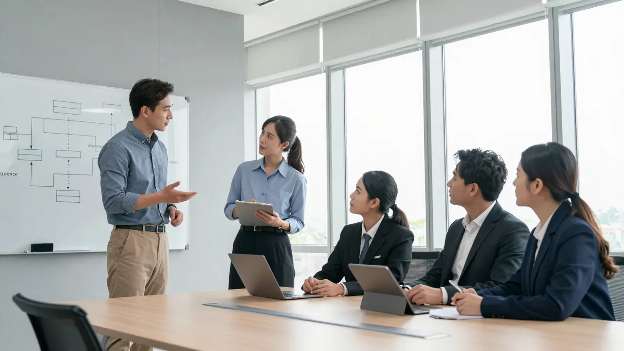 Four professionals in a bright office discussing a crisis response plan around a whiteboard