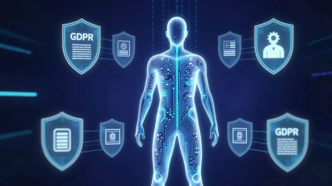 Glowing digital human silhouette surrounded by holographic privacy shields