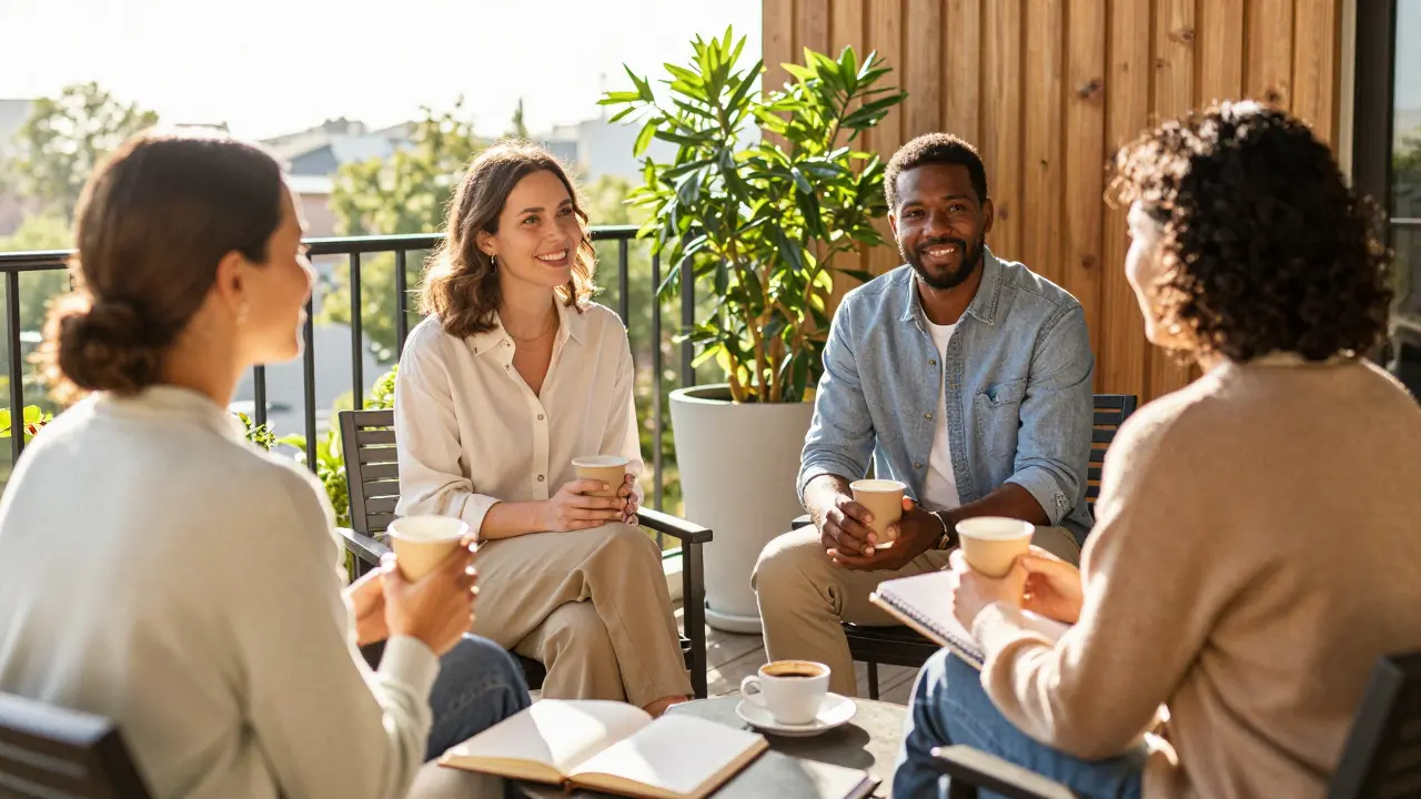 Group of friends chatting outdoors on a sunny balcony, representing peer support