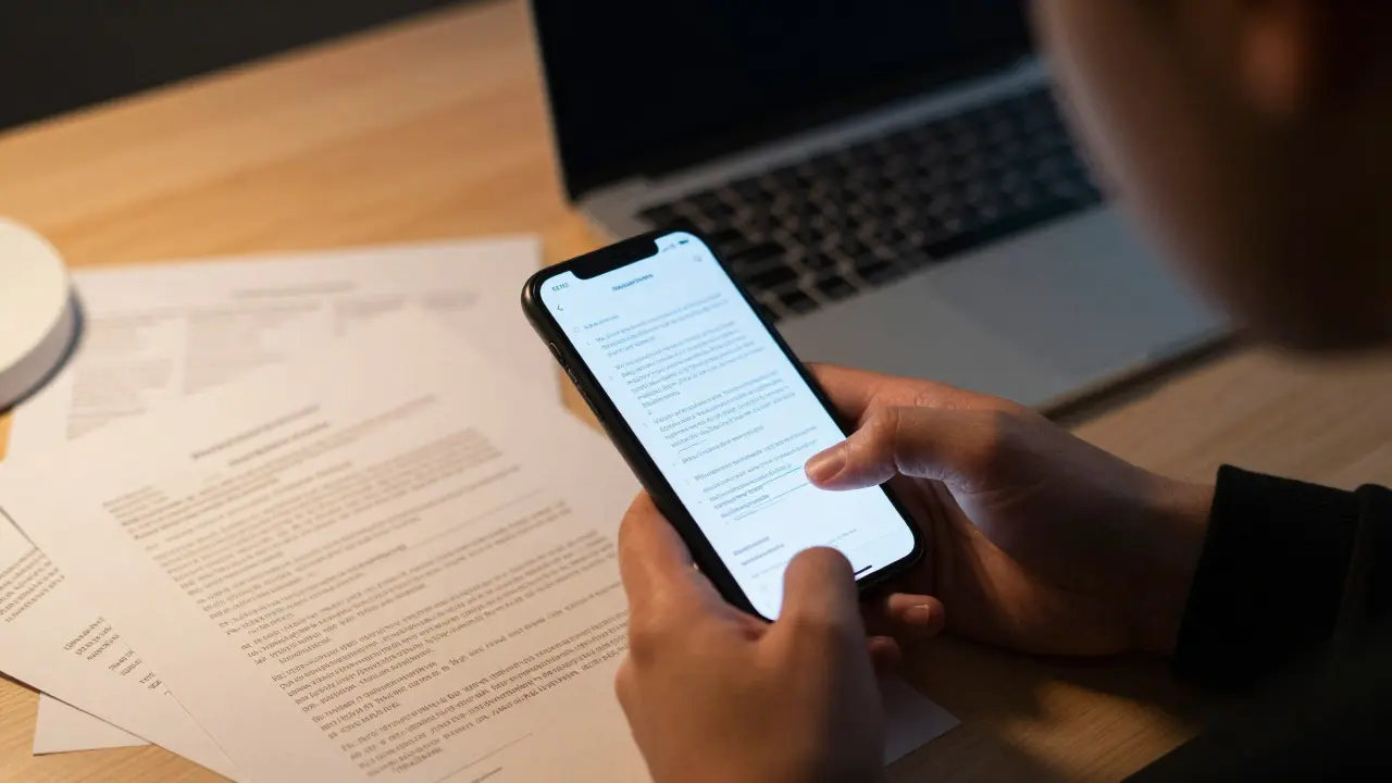 Hand holding a phone over legal documents in a dimly lit office setting