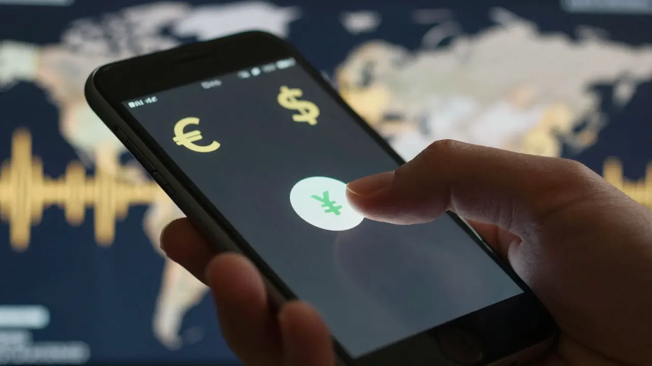 Hand holding a smartphone over a background of blurred currency symbols and digital waves