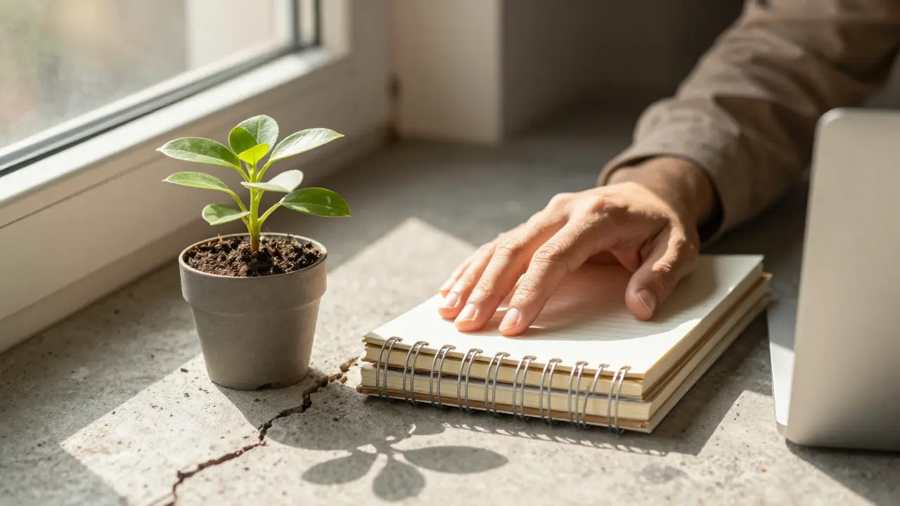 Hand resting on organized notes next to a growing plant in concrete