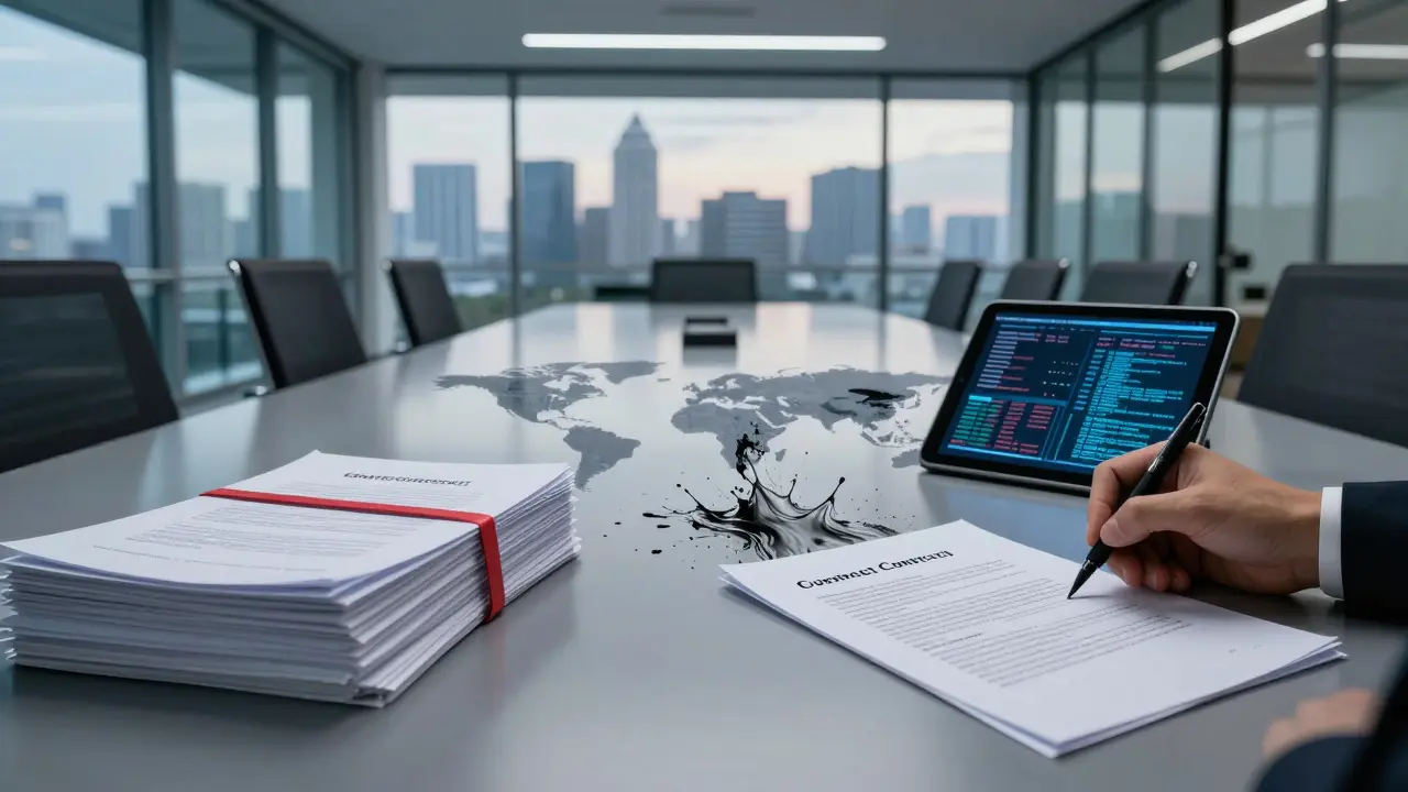 Hand signing a document on a conference table with a world map and digital data streams