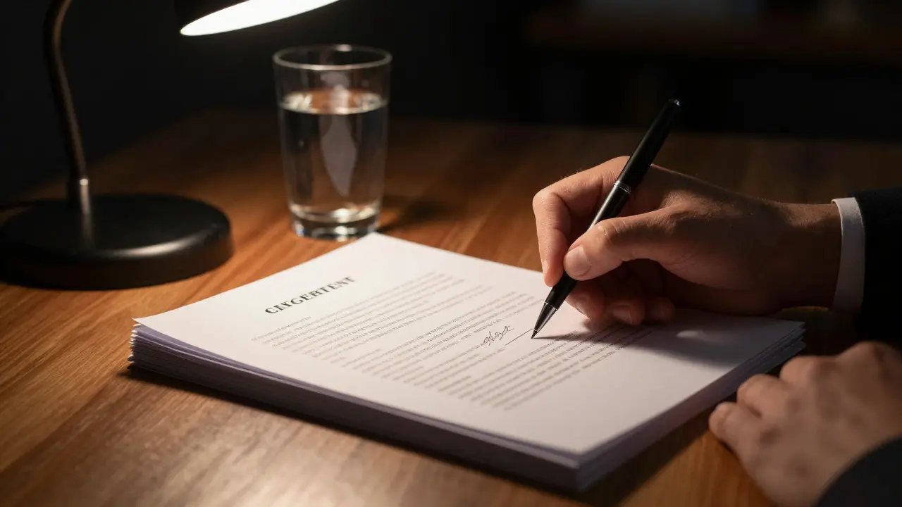 Hand signing legal contract documents under a desk lamp