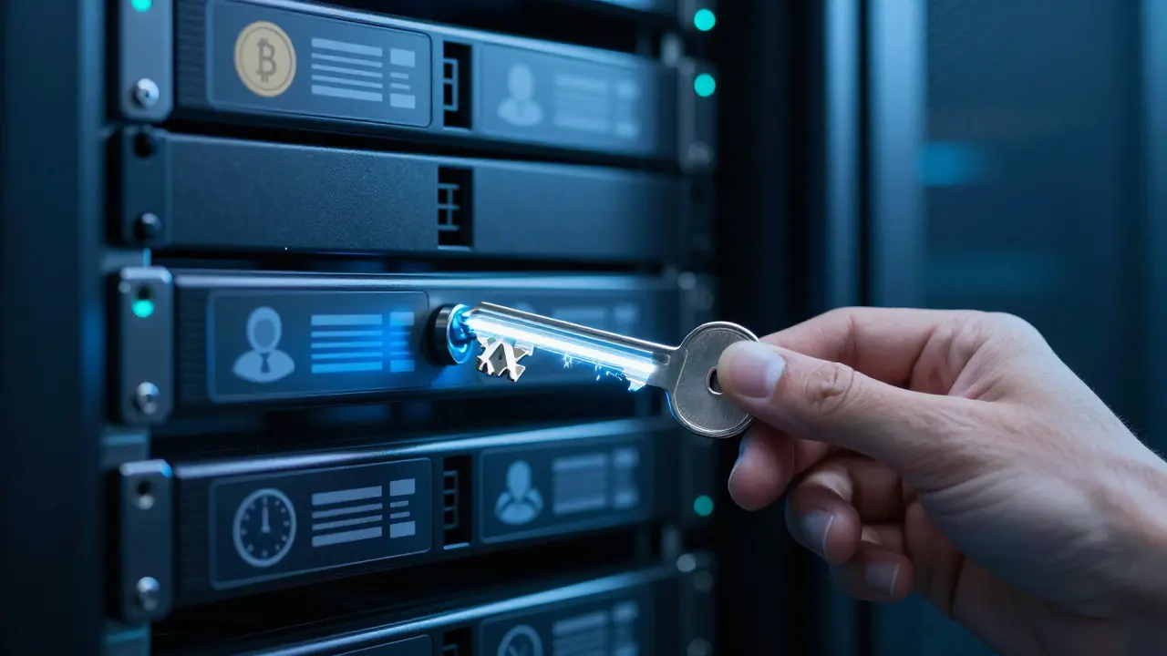 Hand with a light key unlocking a server rack containing categorized data drives