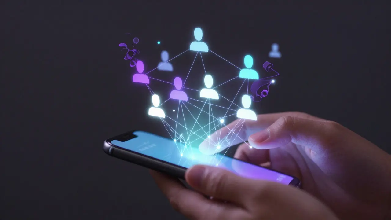 Hands holding a phone projecting holographic connection webs of subscribers