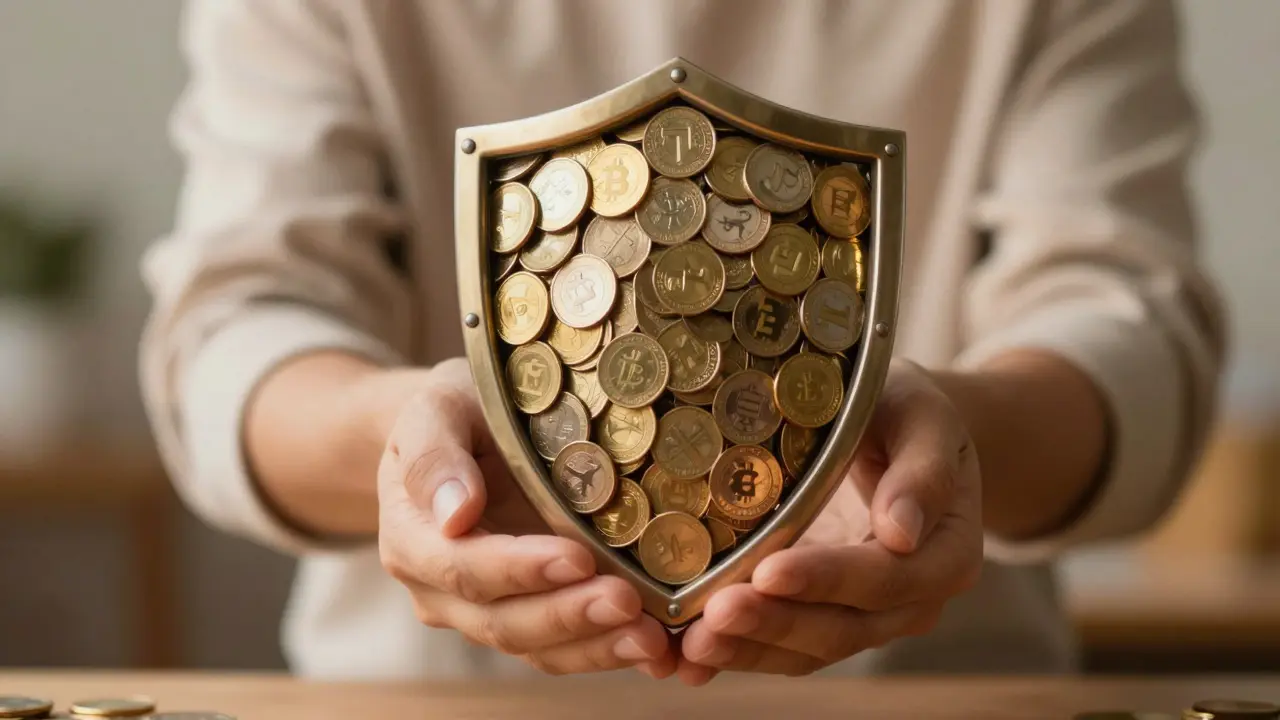 Hands holding a shield made of coins in front of a blurred home interior