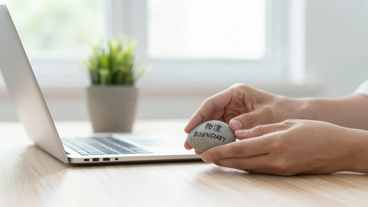 Hands placing a plant on a desk beside a closed laptop to mark end of work