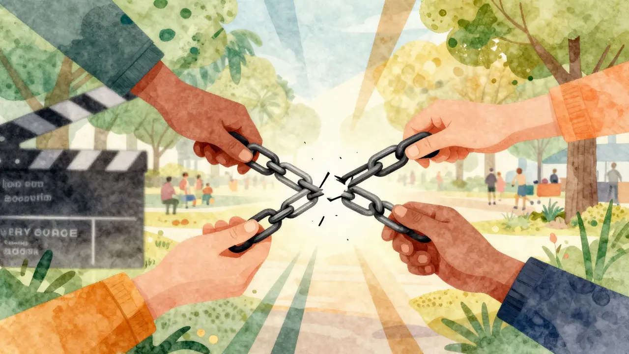 Hands repairing a broken chain link against a backdrop of a transforming film set